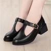 2025 Summer Soft Leather Non-slip Medium Heel T-shaped Buckle Leather Shoes High Heel Round Head Thick Heel Middle-aged Mother Single Shoes Women