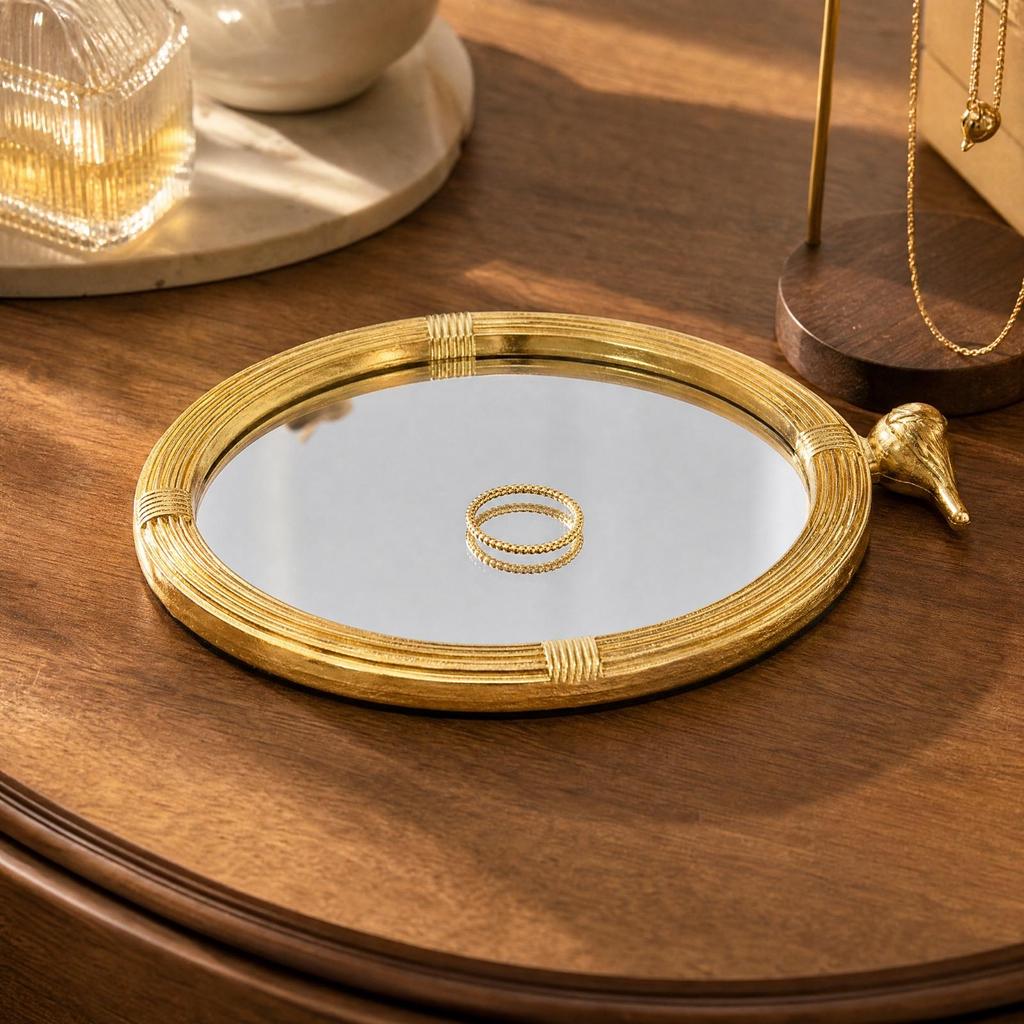 Round Decorative Tray with Mirrored Base Reflective Luxurious for Coffee Table,