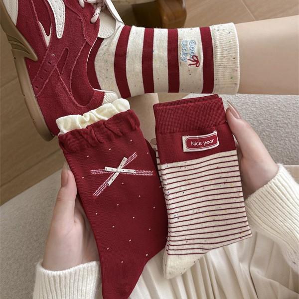 Red Socks, Women's Socks, Bow, Striped Mid-calf Socks, Big Red Socks, New Year Socks, Boneless Combed Cotton Socks