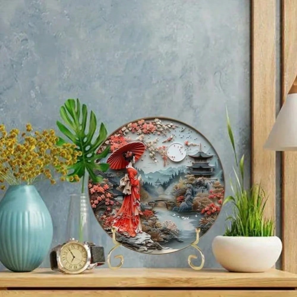 Metal Tin Sign Vintage Geisha Lady Wall Art Round Plaque Home Office Door Decor