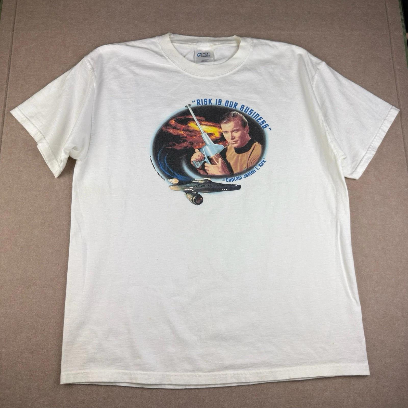 

Y2K Star Trek TV Show T-Shirt Men L White Captain Kirk Risk Is Our Business 2006 L