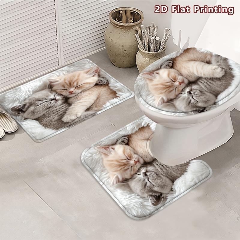 4Pcs Cuddly Kittens Shower Curtain Set with Non-Slip Bath Mat, Toilet Lid Cover, Contour Rug & 12 Hooks, Bathroom Decor