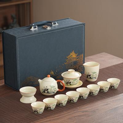 Panda Tea Set Huang Ru Kiln Complete Set Can Be Opened Ceramic Tea with Tea Tray