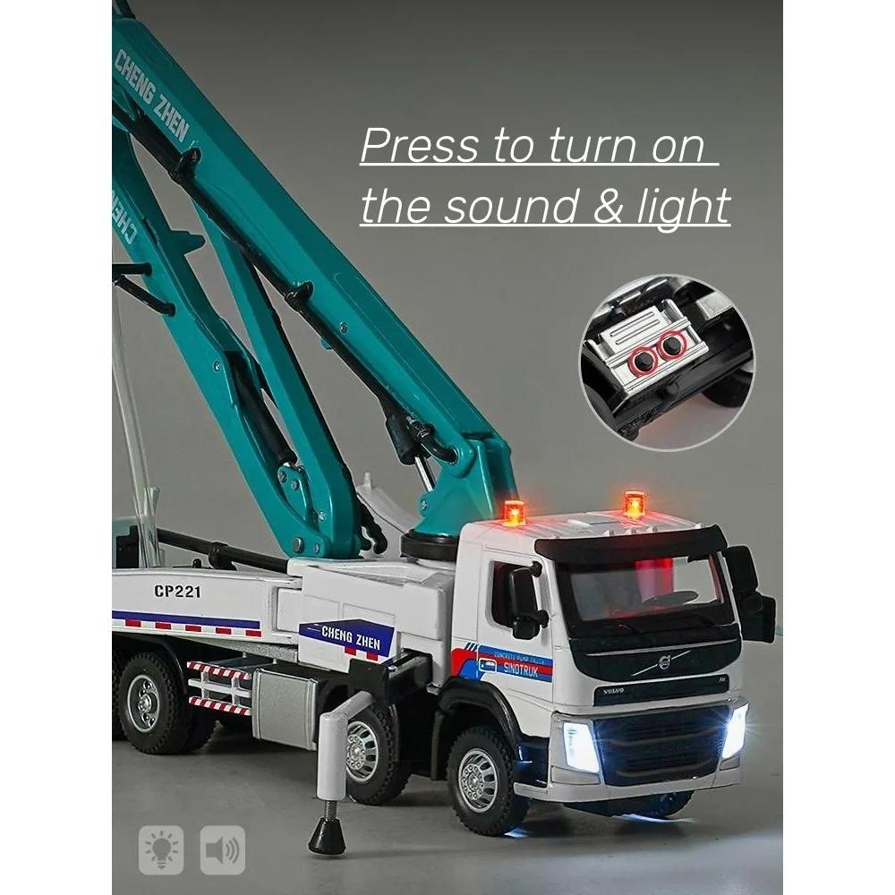 1/50 Volvo Concrete Pump Truck Toy Car Diecast Meatl Vehicle Model Pull Back Sound & Light Miniature Collection Gift for Boy Kid