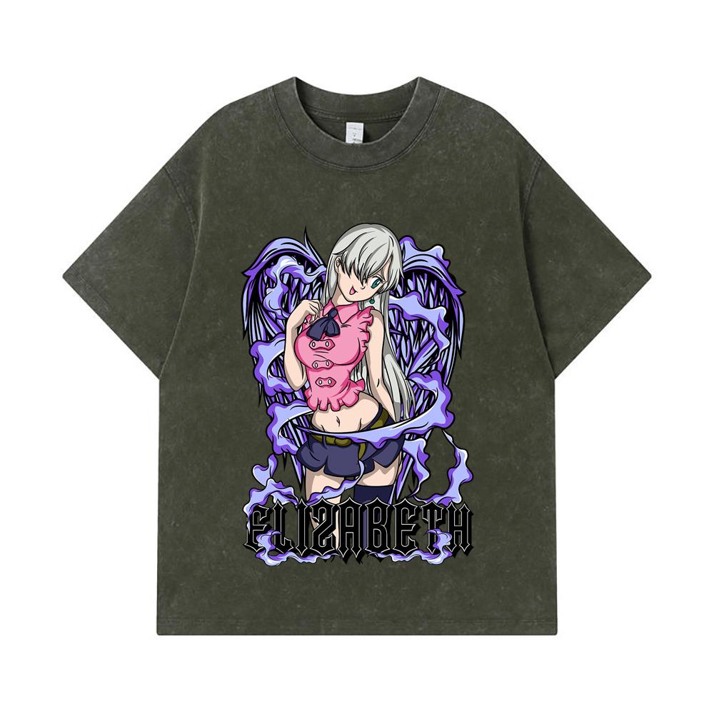 

275 GSM Washed T-shirts 100% Cotton Seven Deadly Sins V3 Elizabeth Print Unisex Heavy Cotton T Shirt S армия зеленый