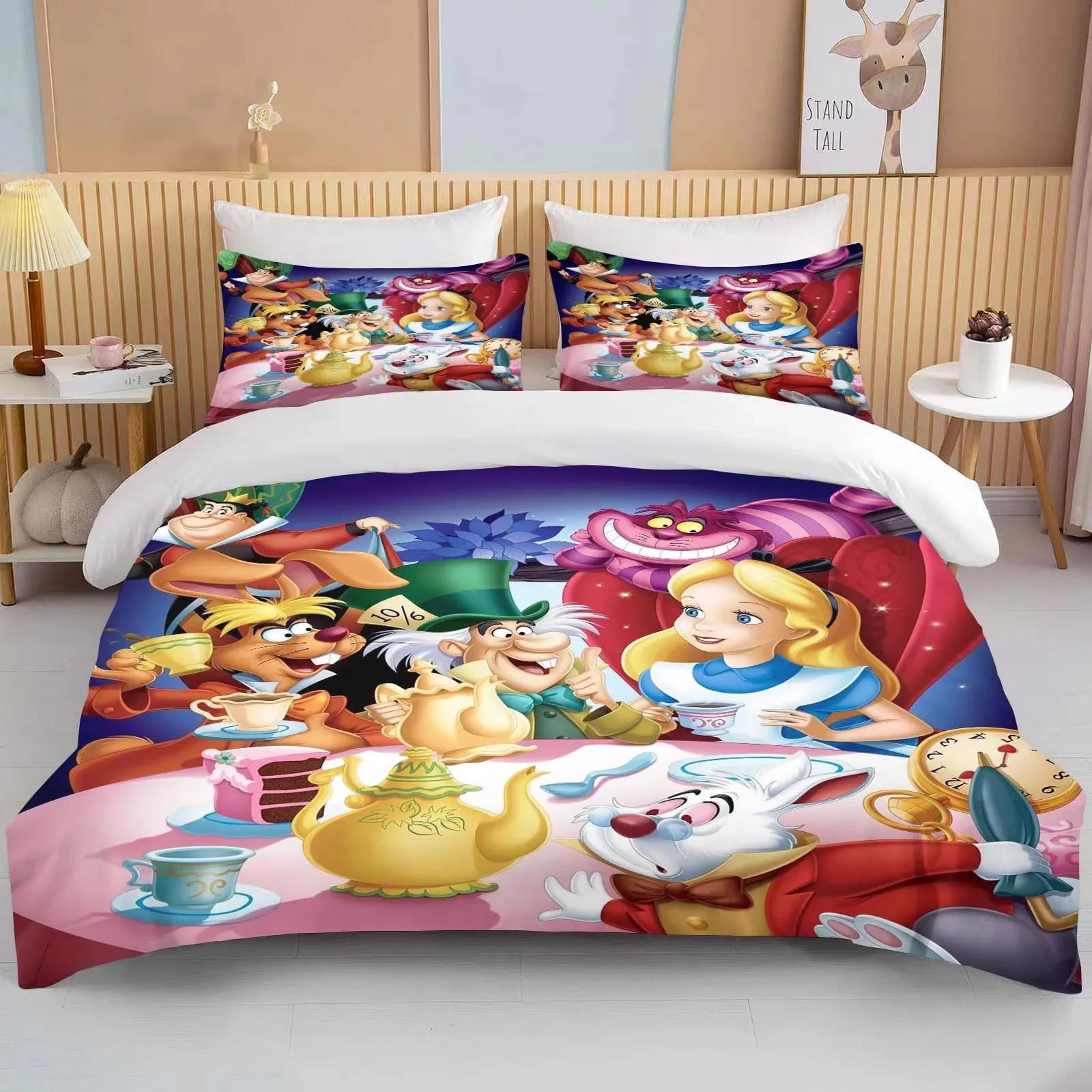 

Комплект постельного белья «Алиса в Стране чудес» Мультяшный Детский Набор из 3 предметов Комплект для кровати Королевский размер Наволочка Покрывало для взрослой кровати Спальный комплект для спальни Пододеяльник EU Twin 135X200cm