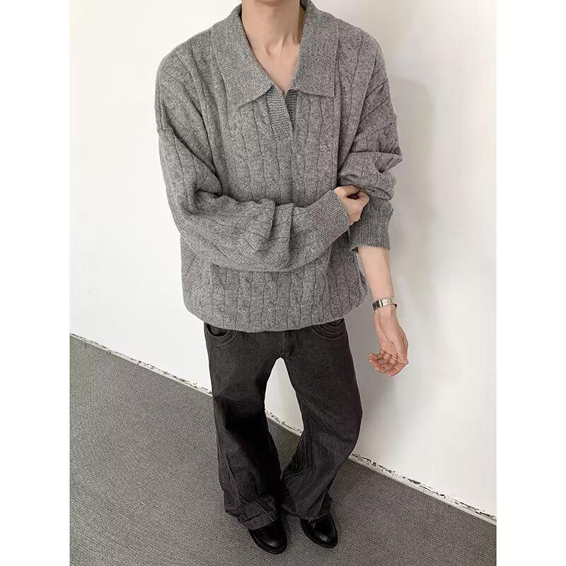 2024 Autumn/Winter Men s American Retro V-Neck Knit Sweater - Casual, Solid Color, Lazy Style XL темно-серого