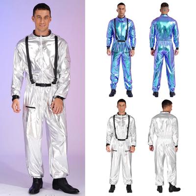 Pánský kostým astronauta Kovový lesklý kombinéza Dlouhý rukáv Límec ke krku Halloween Role play Kombinéza