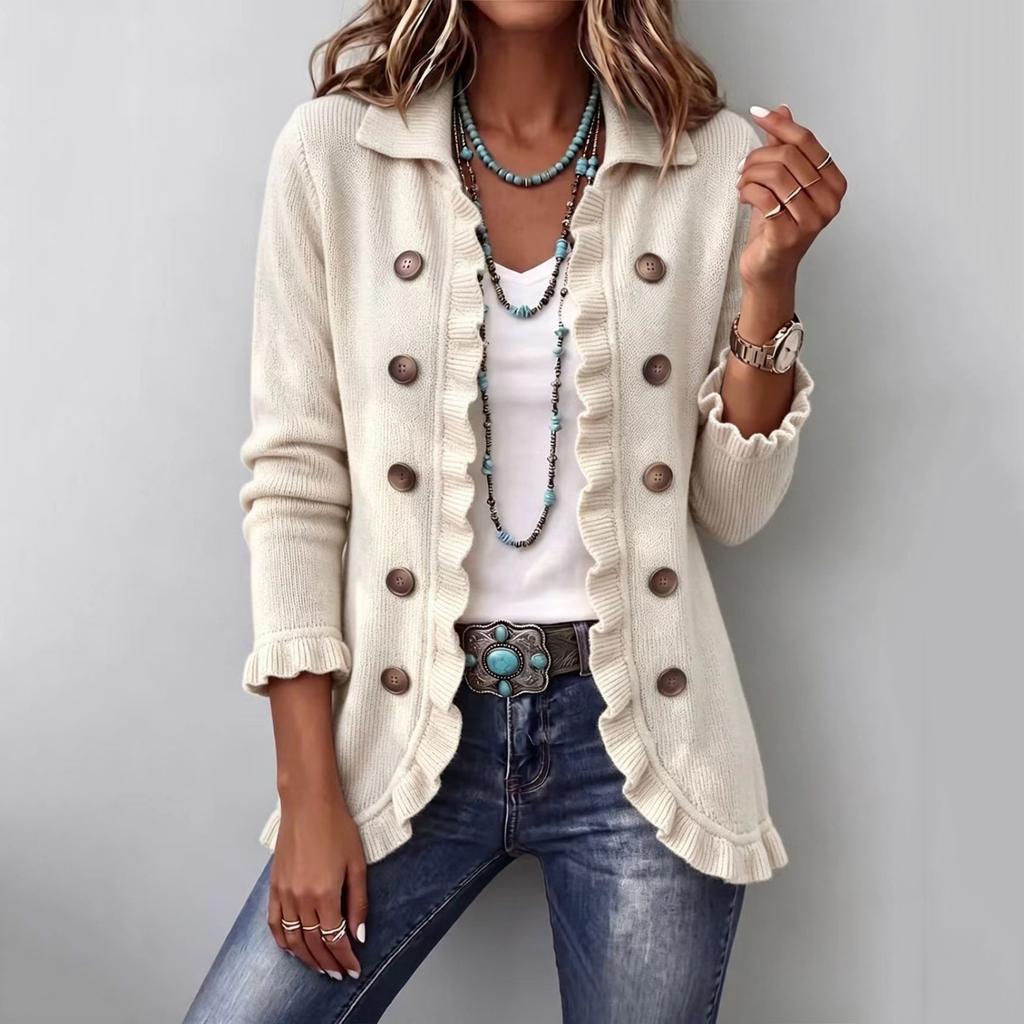 Women's Long Sleeve Ruffled Knit Cardigan Color Casual Top