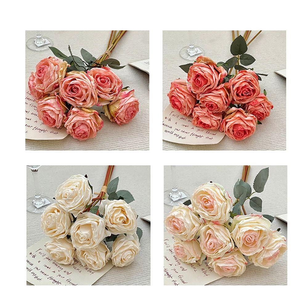 7PCS/Bundle 7 Head Rose Artificial Flower Silk Petals Faux Flower  Desktop Ornament