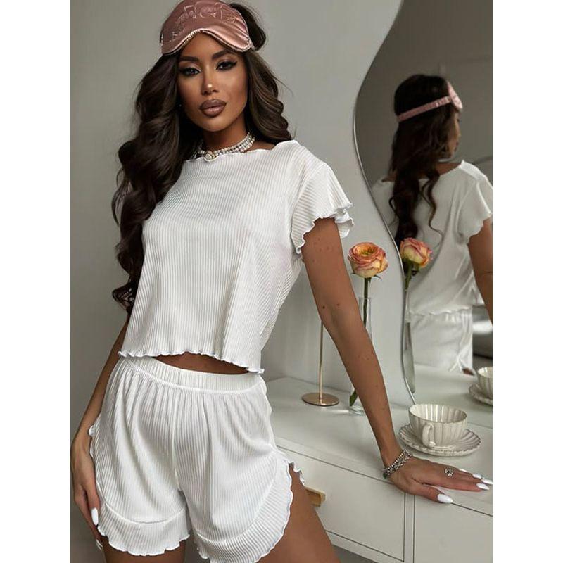 Cnyishe Casual Fashion Wooden Ear Round Neck Short Sleeve Top Irregular Side Slit Shorts Loungewear Suit Women