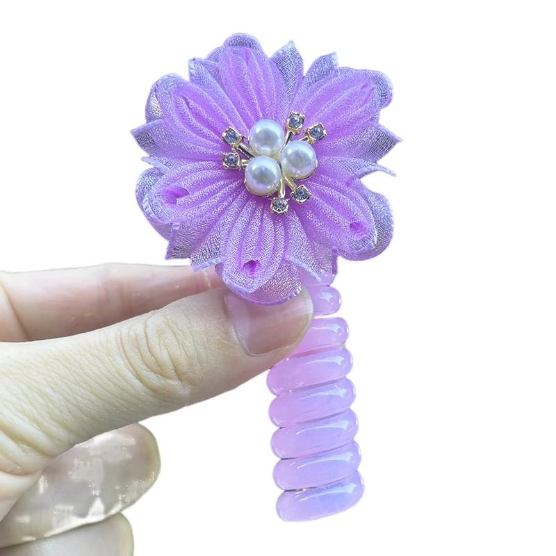 1PC New Lovely Beaded Big Flowers Elastic Spiral Hair Rope Head Rope Ponytail Hair Ring Rubber Band Headdress For Kids