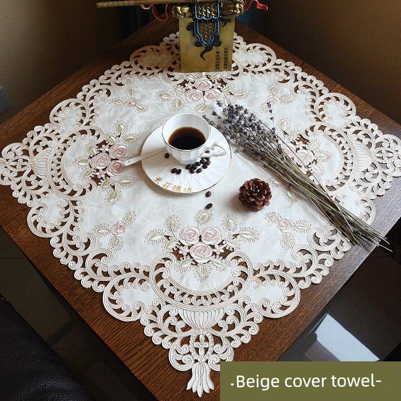 

European American Style Embroider Cut Out Bedside Table Cover Cloth Tablecloth Creative Square Towel Fabric Table Towel Cover Towel Home Tablecloth Beige fabric Color Embroidered 60*60cm