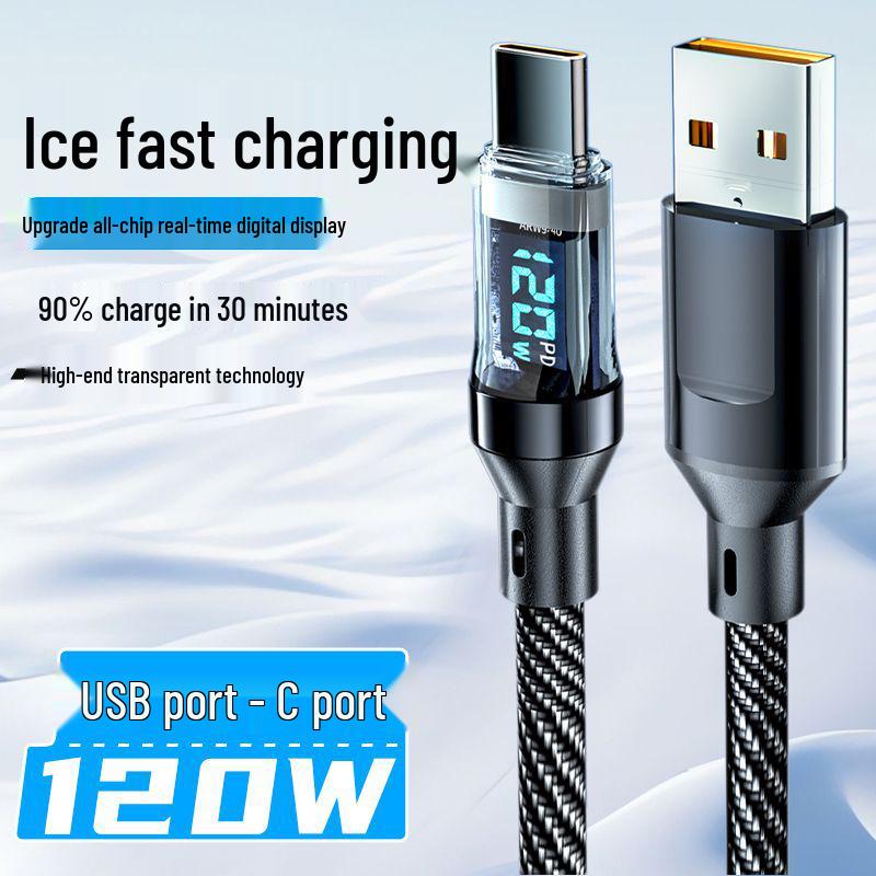 120W Dual Type-C Fast Charging Cable with Smart Display for Apple 15/16 & Huawei Phones