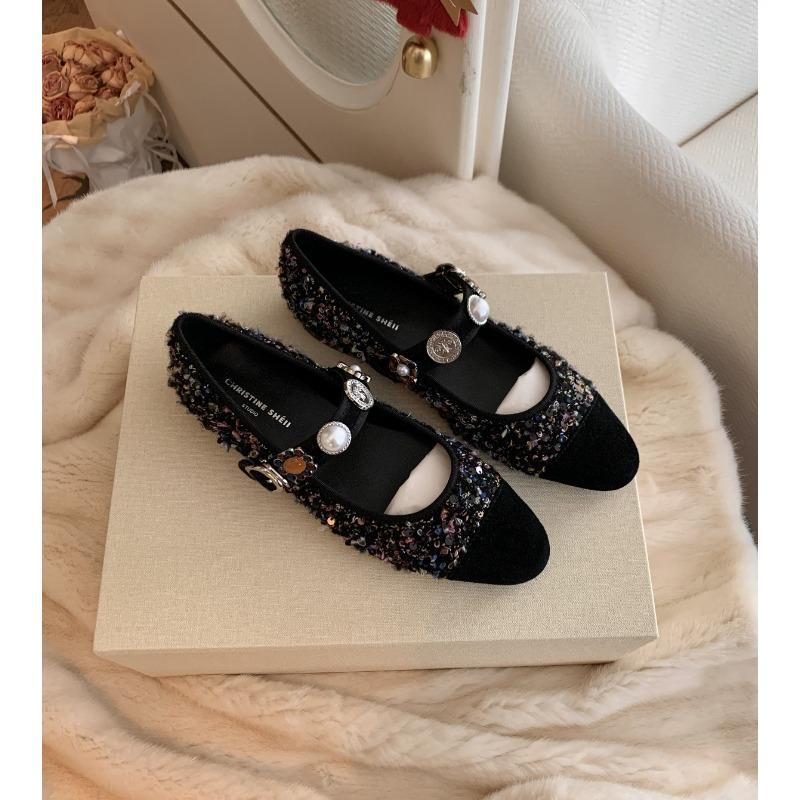 

Sheepskin Princess Anne tweed badge buckle Mary Jane single shoes women s banquet wedding shoes 34