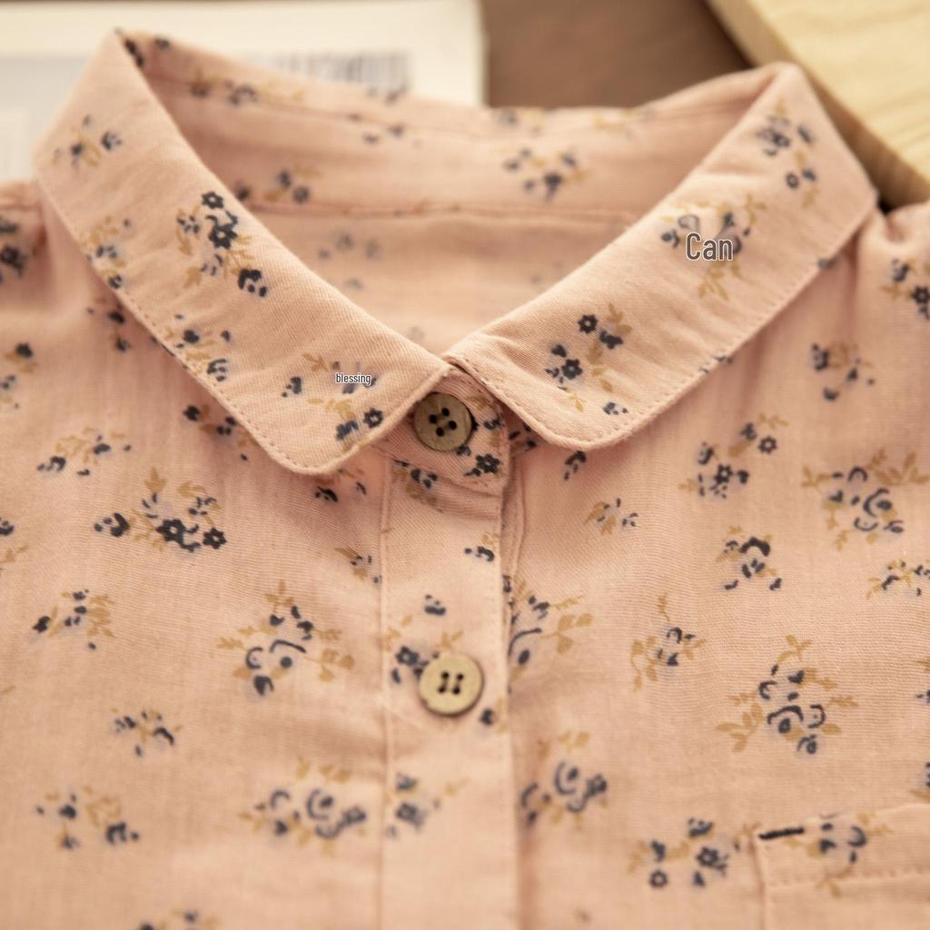 Spring Yuanbao Collar Floral Print Double Layer Gauze Cotton Shirt - Women's Loose Cotton Linen Style