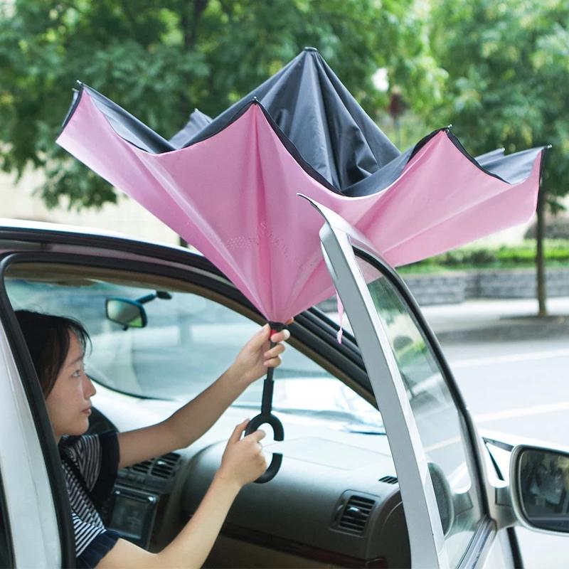 JPZYLFKZL Free Style Creative Long Shank Double Layer Inverted Umbrella Windproof Reverse C-Hook Male Golf Umbrella Reverse