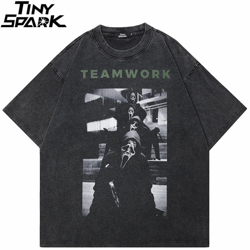 HipHop Retro Vintage Washed Black TShirt Streetwear Graphic Teamwork Skull Ghost T Shirt Cotton Men Tshirt Unisex Tops Tee S разноцветный