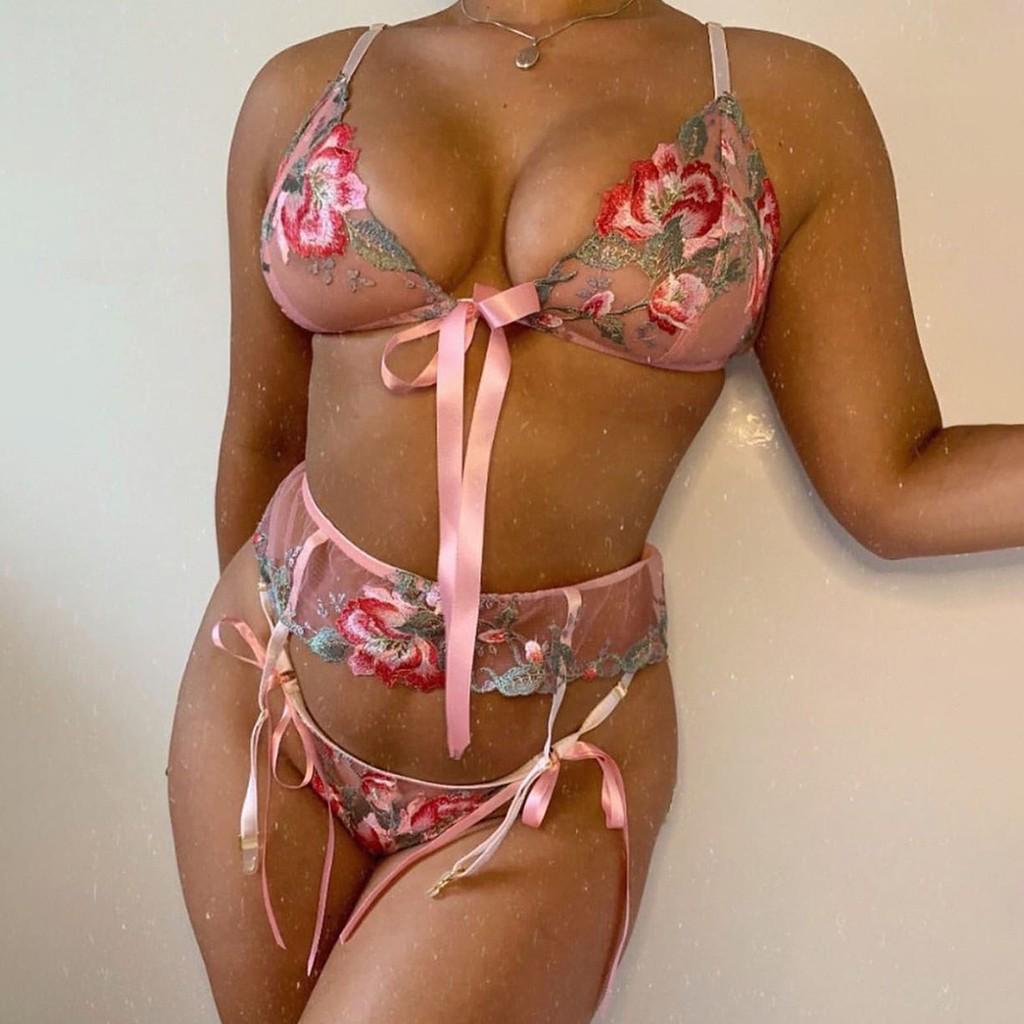 3PCS Bra Lace New Sexy Fashion Bow Tie Sleepwear Underwear Lingerie Flower Lace