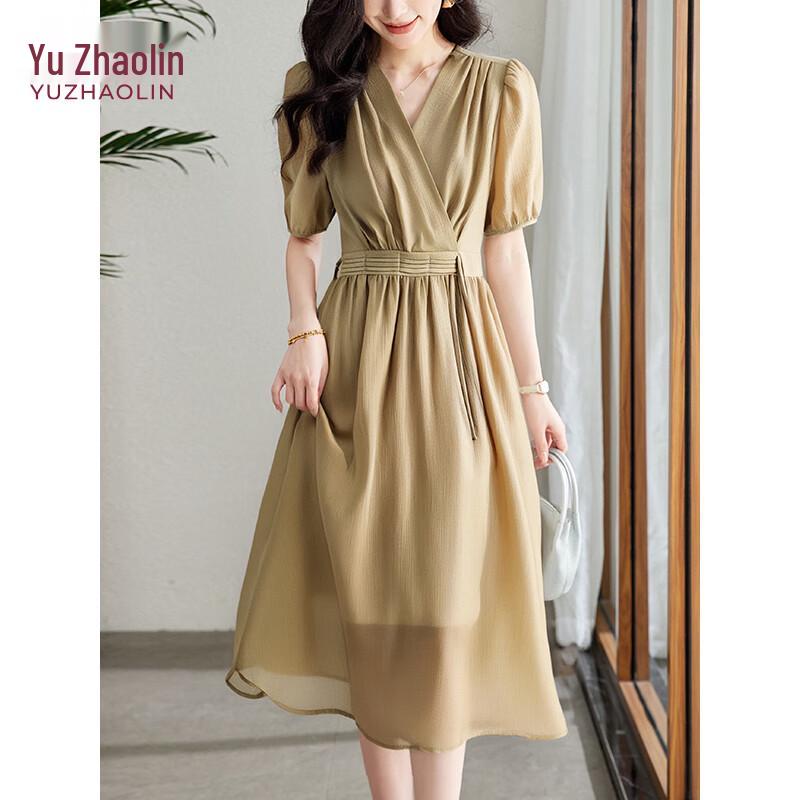 Yuzhaolin V-Neck Short Sleeve A-line Midi Dress M
