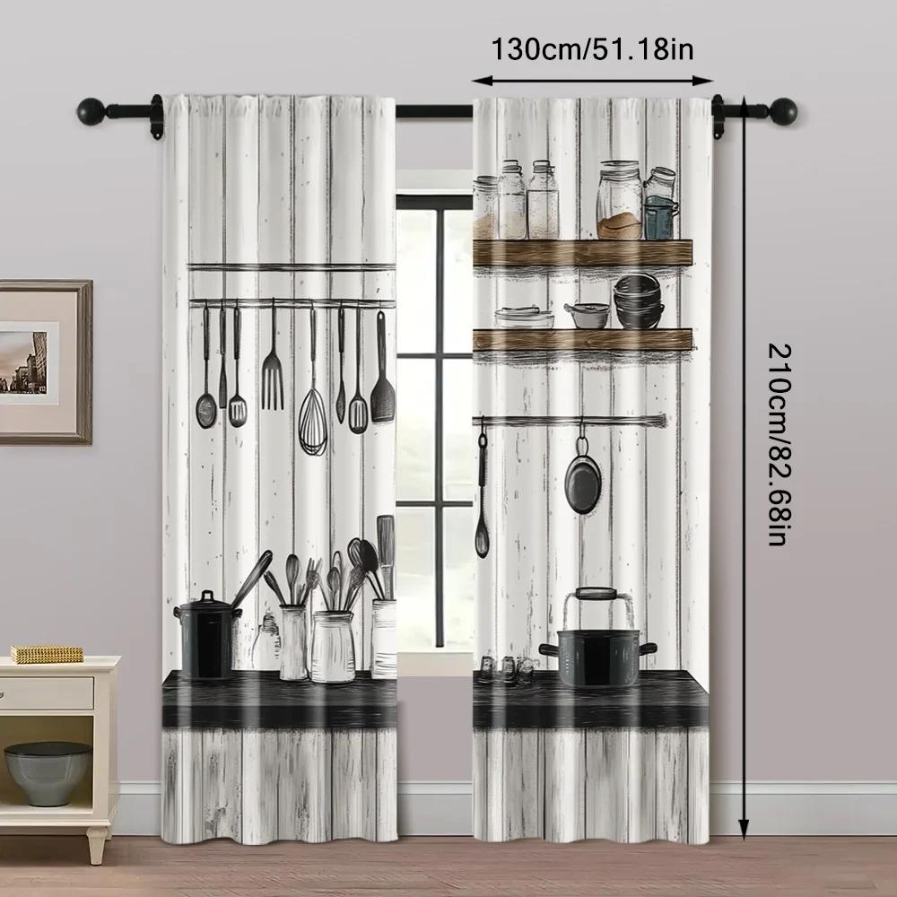 Vikama Retro Kitchen Utensil Curtain Black White Wood Grain Pattern Home Window Decor Panels Room Darkening Polyester Ideal For Cooking Area