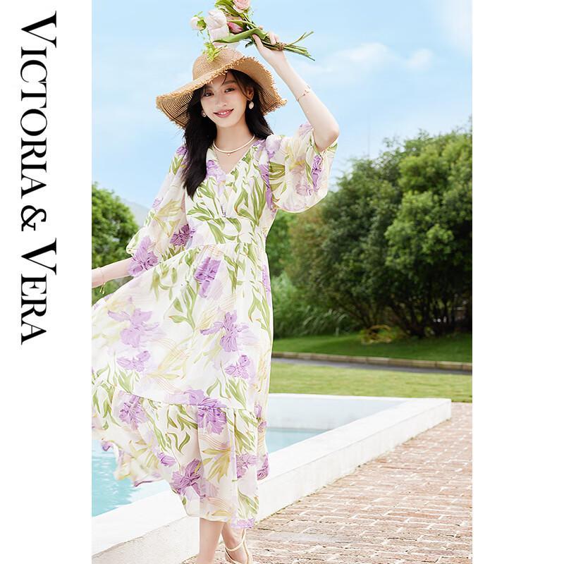 

VICTORIA&VERA Women s Summer Vacation V-Neck Chiffon Mid-Length Dress S