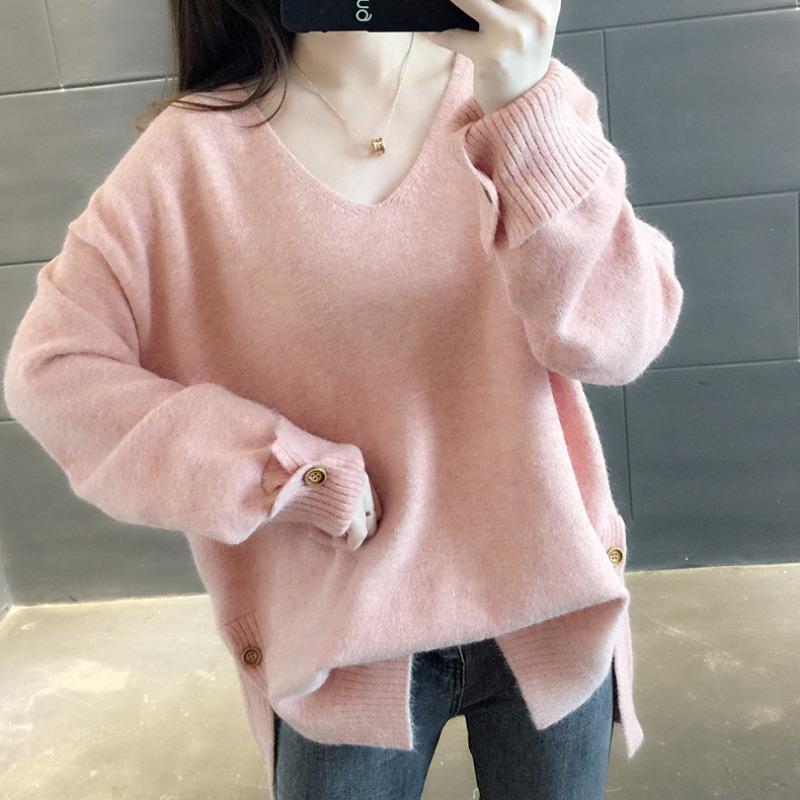 Autumn New Long Sleeve V Neck Women's Knitted Sweater Fashion Casual Loose Solid Winter Sweaters Women Soft Warm Elegant Ladies Knitwear Jumpers 25524