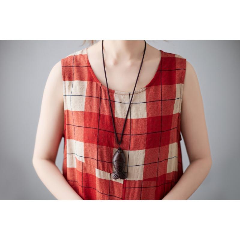 DIMANAF 2025 New Summer Women Plus Size Loose Vintage Plaid Dress Sleeveless Basic Sundress Casual Long Dress Maxi
