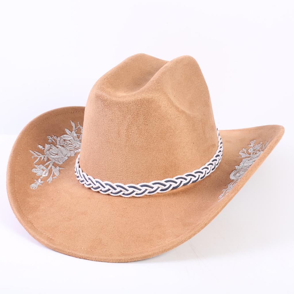 Beliebter europäischer und amerikanischer klassischer Wildleder Western Cowboyhut für Herren und Damen, großer Schirm, bestickt, Outdoor-Sonnenhut