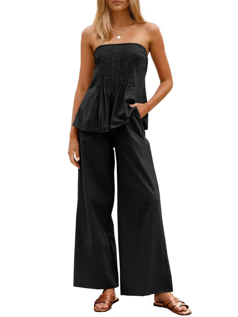 Completo Due Pezzi da Donna in Cotone con Top a Tubo Senza Spalline e Pantaloni a Gamba Larga