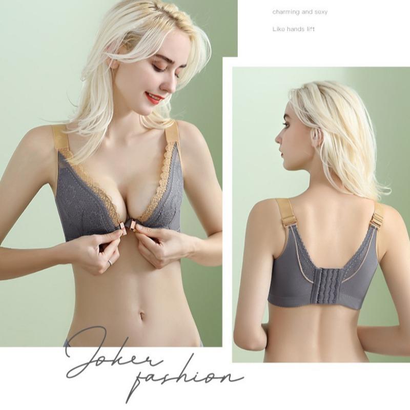Sexy Lace-trimmed Front and Back Buckle Bra with Breathable Cups Plus Size Side Breasts Beautiful Back and Push-up No-rim Bra