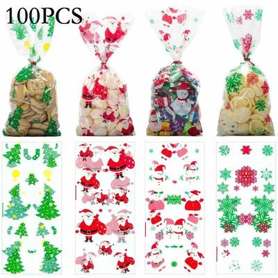 100Pcs Xmas Cookie Packaging Plastic Bags Christmas Party Bags Candy Bag Festival Party Gift