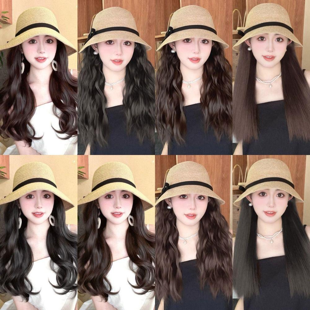 Sun Visor Bowknot Straw Hat Wig Bucket Hat Fisherman Hat Wig Sweet Long Curly Wave Hair Wigs  Women