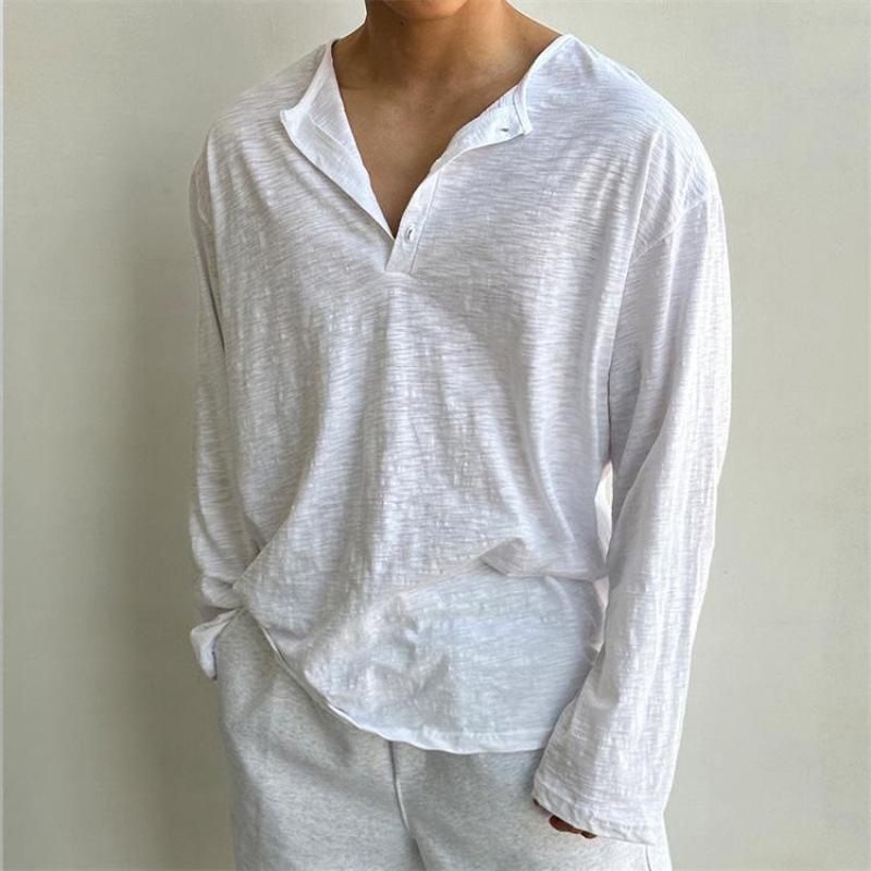 Men s Summer Long-Sleeve Solid Color V-Neck T-Shirt Retro Casual Plus Size T-Shirt XXXXL