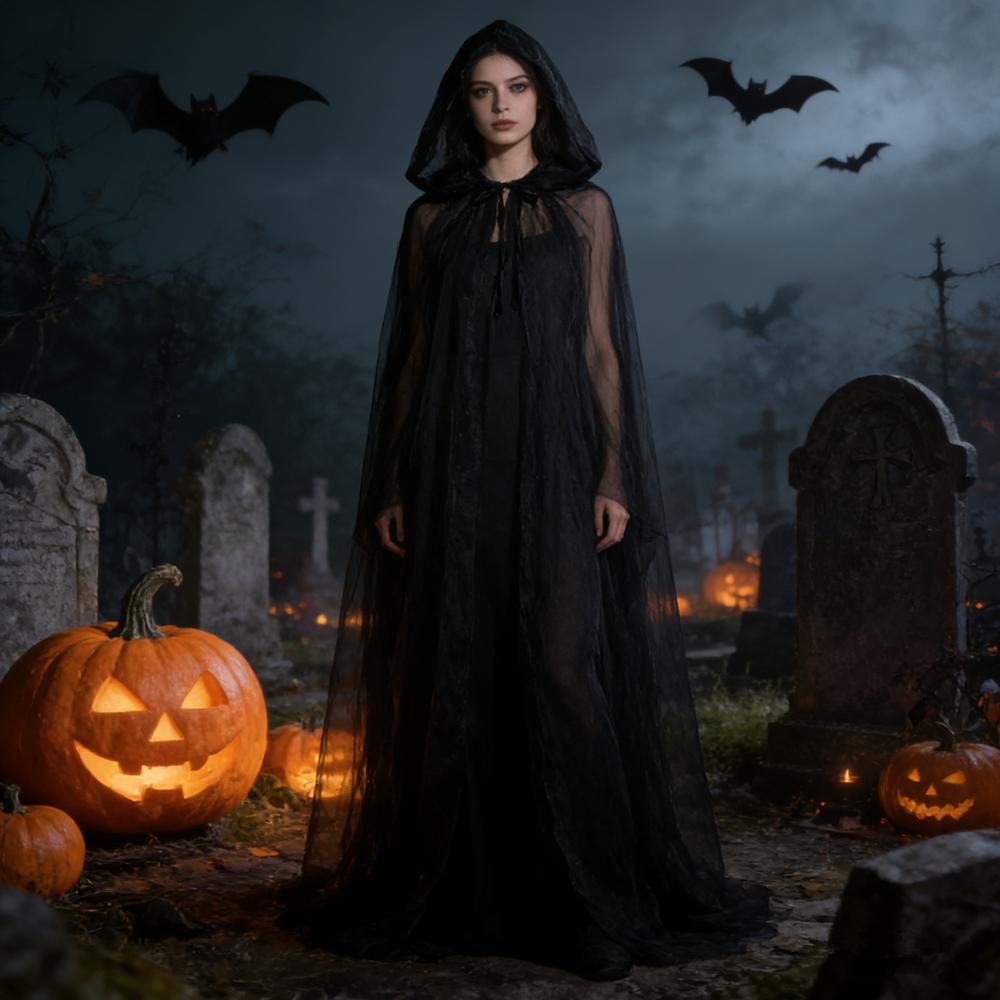 Schwarzer Brautschal Hexen Cosplay Umhang Halloween Cape Spiel Party Kostüm Requisiten Feiertag Verkleidung Vampirkostüm