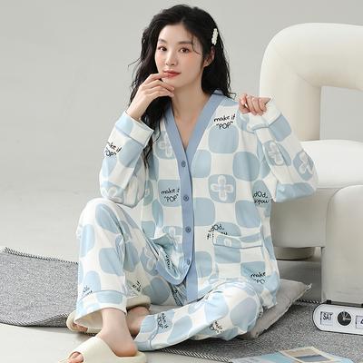 Blaues Karomuster Pyjama Damen Niedlich Kawaii Süß Lange Ärmel Lange Hose Herbst Winter Weiche Nachtwäsche Gemütliche Pyjamas Mädchen Pijamas Dame Pj