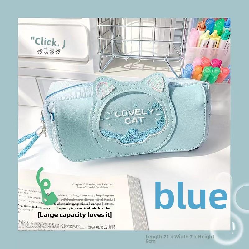 Quicksand Cat Canvas Pencil Case: Cute Korean-Style Three-Layer Stationery Bag for Female Students.