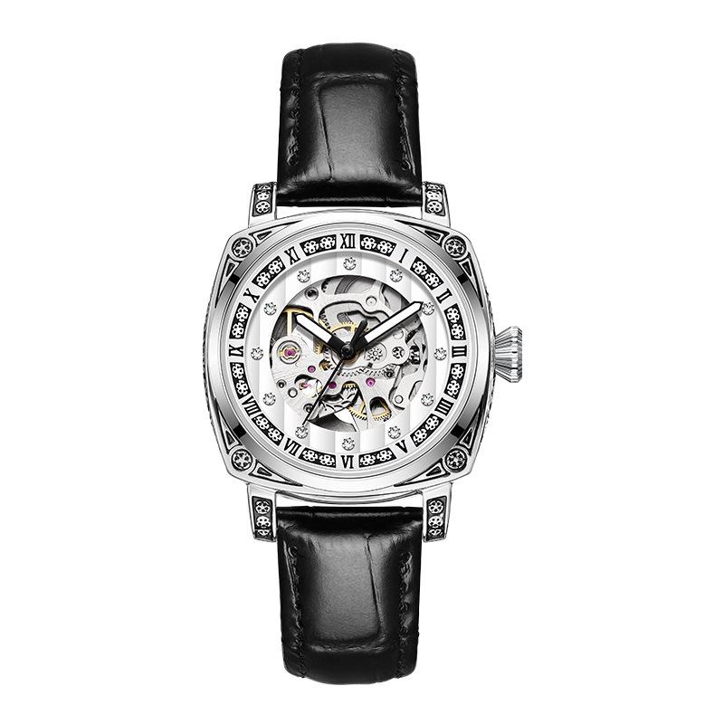 Fully Automatic Mechanical Tide Watch Fashion Trend Engraved Diamond-Encrusted Leather Strap Hand Luminous Waterproof Men'S And Women'S Watch