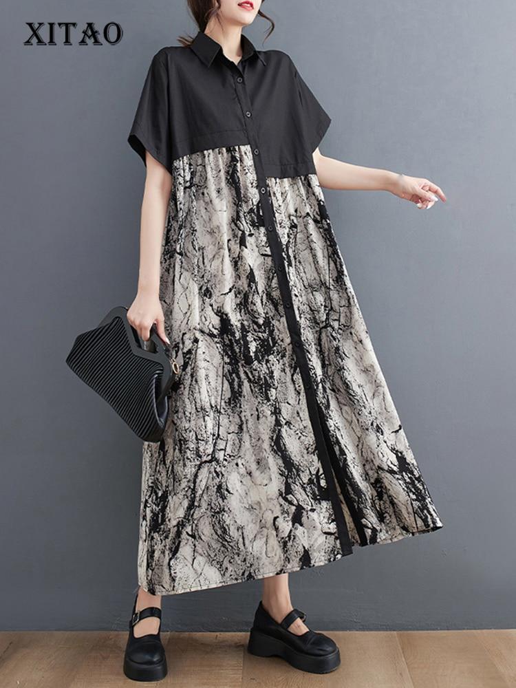 

XITAO Лоскутное повседневное платье Женское Новое Модное Свободное Платье Отложного Воротника HQQ0392