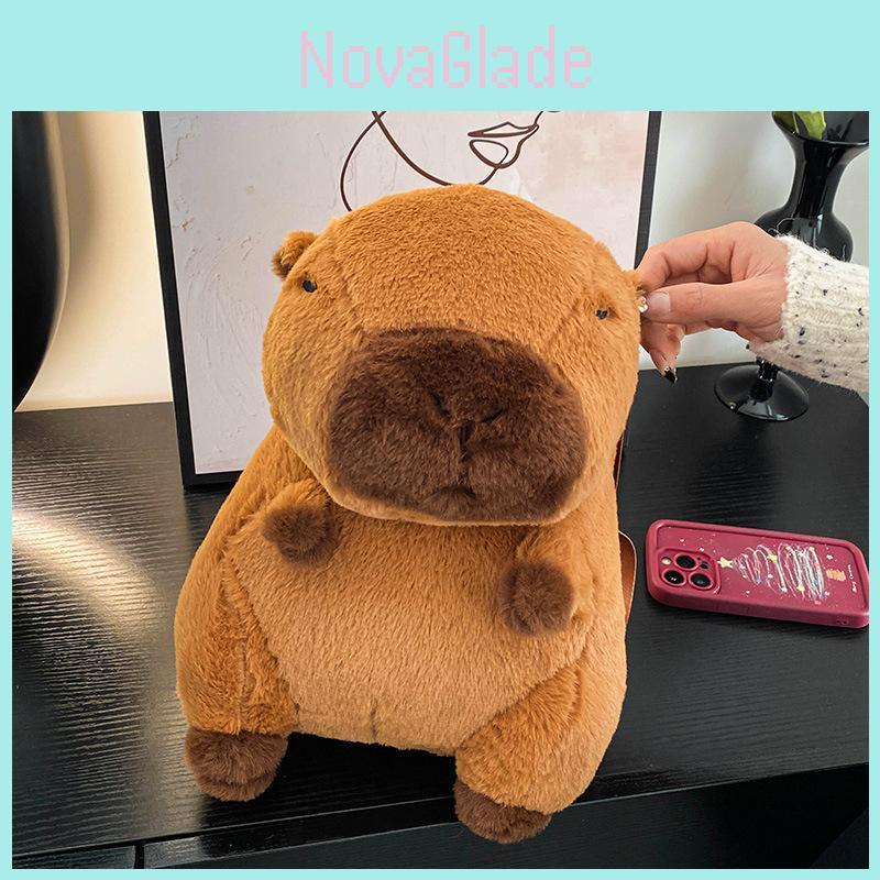 Cute Cartoon Capybara Plush Backpack For Women College Students Brown Silky Soft Urban Minimalist Style