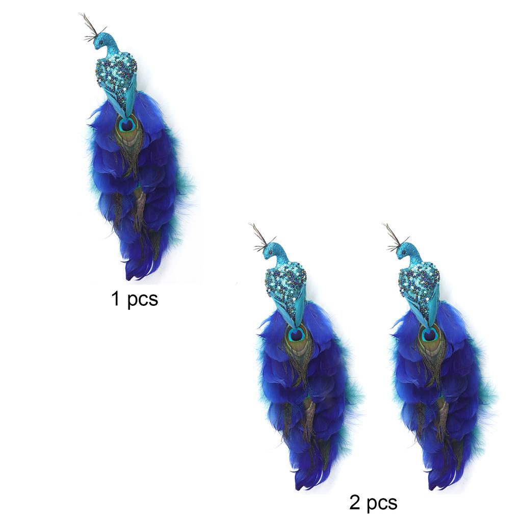 2PCS Simulation Peacock Bird Statue Glitter Clip On Artificial Feathered Peacock with Long Tail for Xmas Tree Holiday