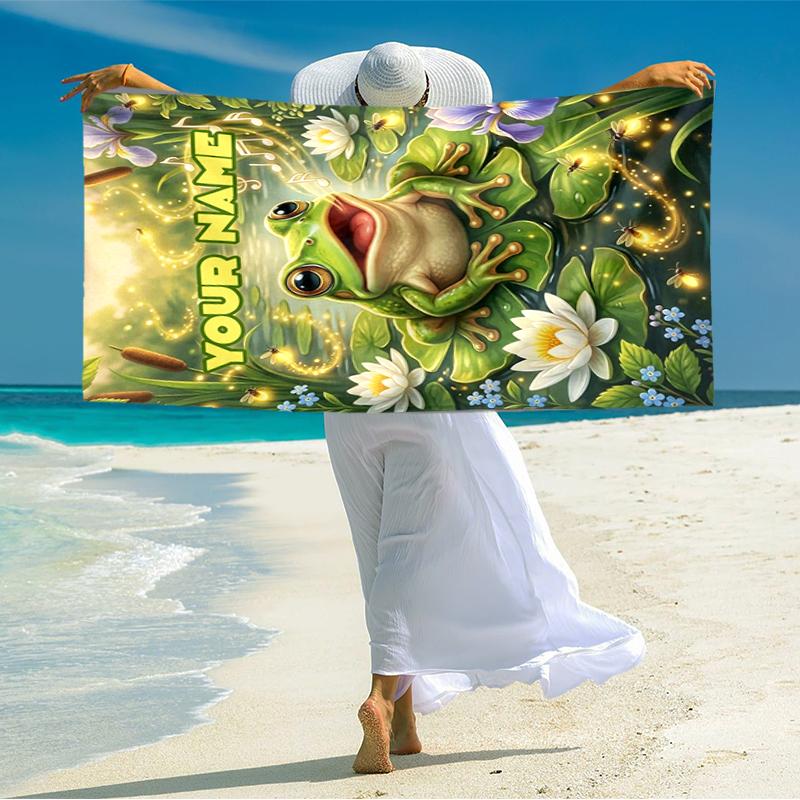 1PC Custom Name Frog Pond Beach Towel Highly Absorbent And Sand-Resistant Towel for Swimming, Pool, Yoga, And Travel Lightweight
