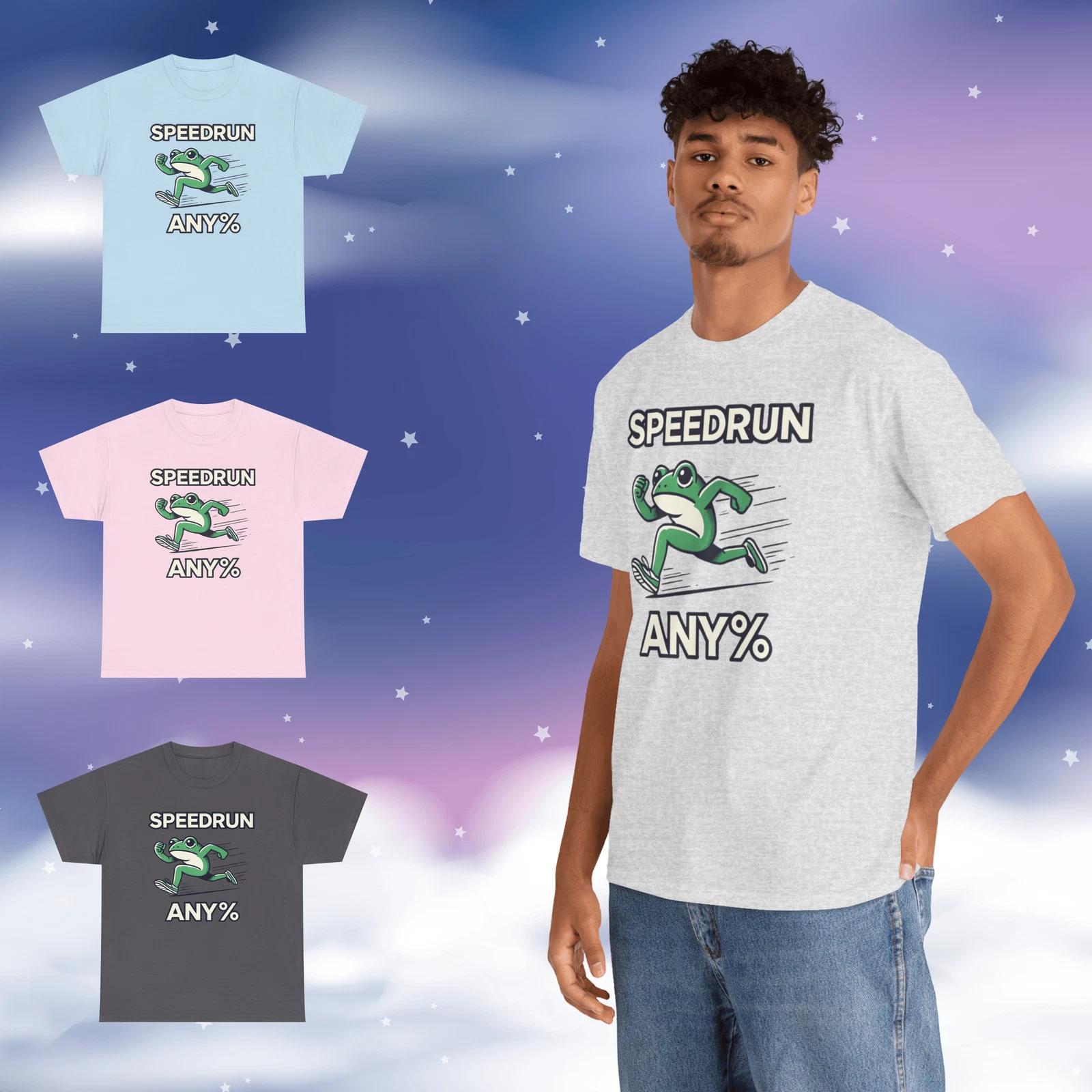 SPEEDRUN ANY% Frog Meme Tee | Funny Gaming T-Shirt | Unisex Cotton Casual Gamer 3XL