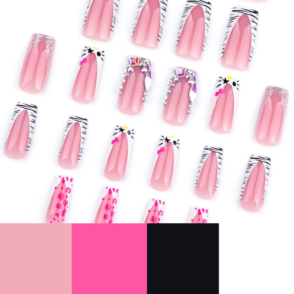 Französisches Schwarz-Weiß-Zebra-Muster tragende Nagel-Flash-Diamant-Flash-Maniküre-Fingernagel-Press-On-Nägel-Nagelstück