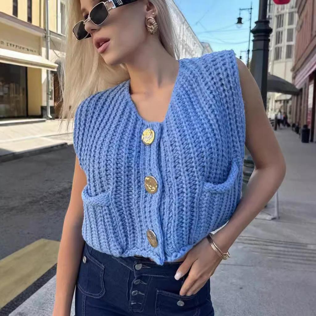 Women's V-Neck Chunky Knit Sleeveless Cardigan Vest - European & American Style, Autumn/Winter 2025