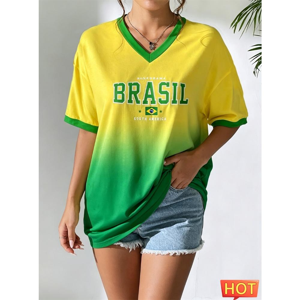 T-shirt da donna estiva con scollo a V Maglietta da calcio brasiliana Maglia da donna con gradiente giallo verde Asciugatura rapida nuova T-shirt brasiliana