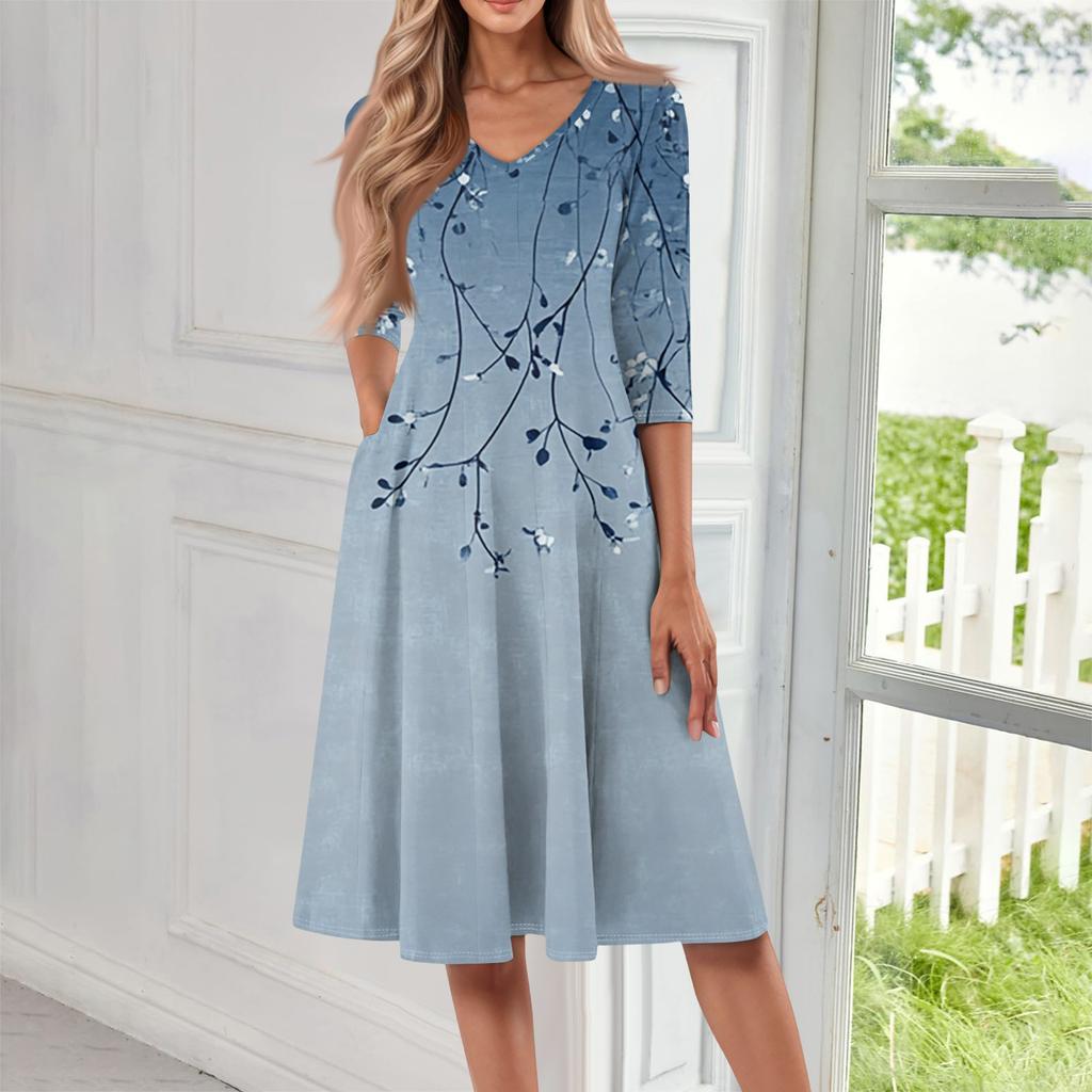 Women's Casual Fashion V Neck Three Quarter Sleeve Print Midi Dress