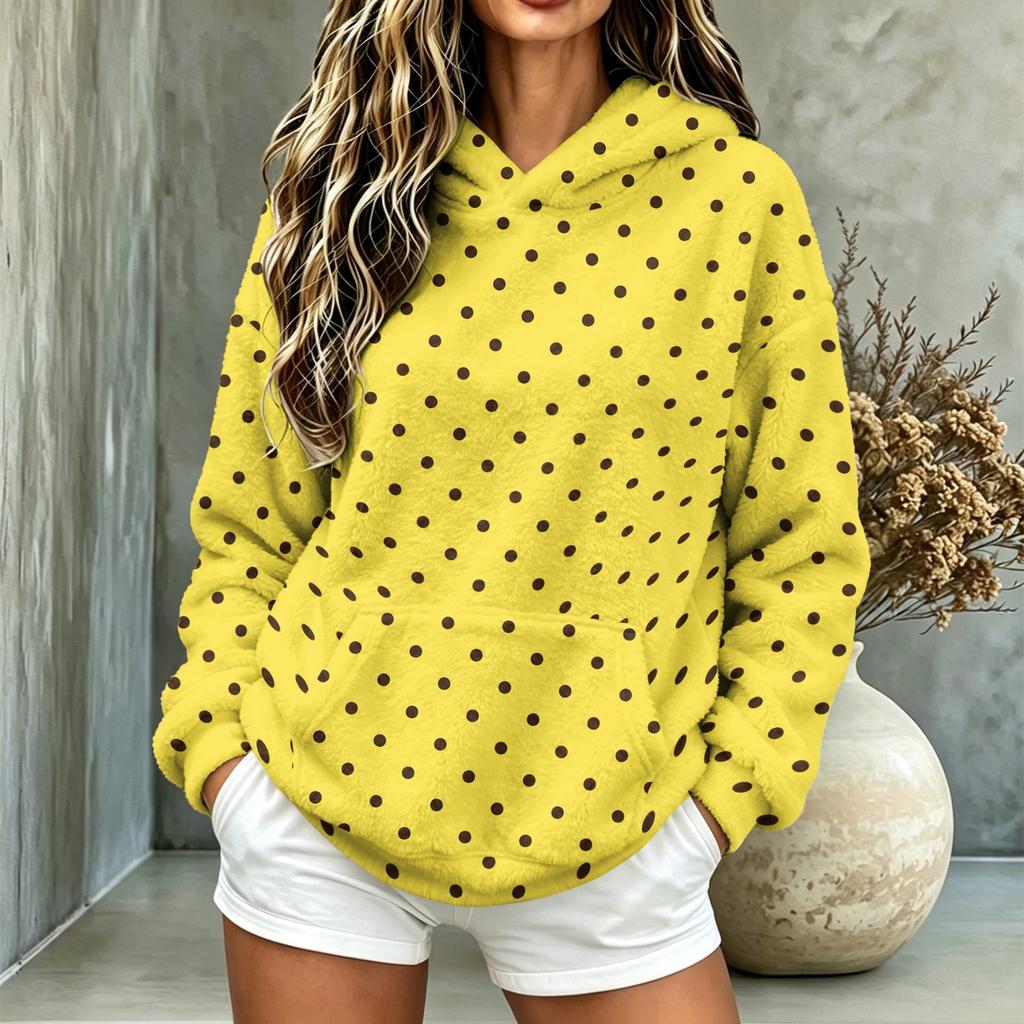 Women's Polka Dot Hooded Flannel Top, Long Sleeve Casual Pullover with Pockets for Fall and Winter