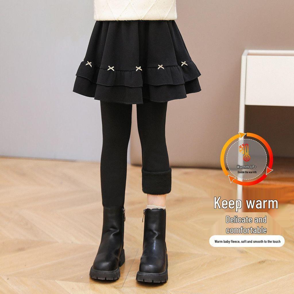 Girls' Fleece-Lined Skirt Leggings - Thickened Two-Piece for Autumn & Winter
