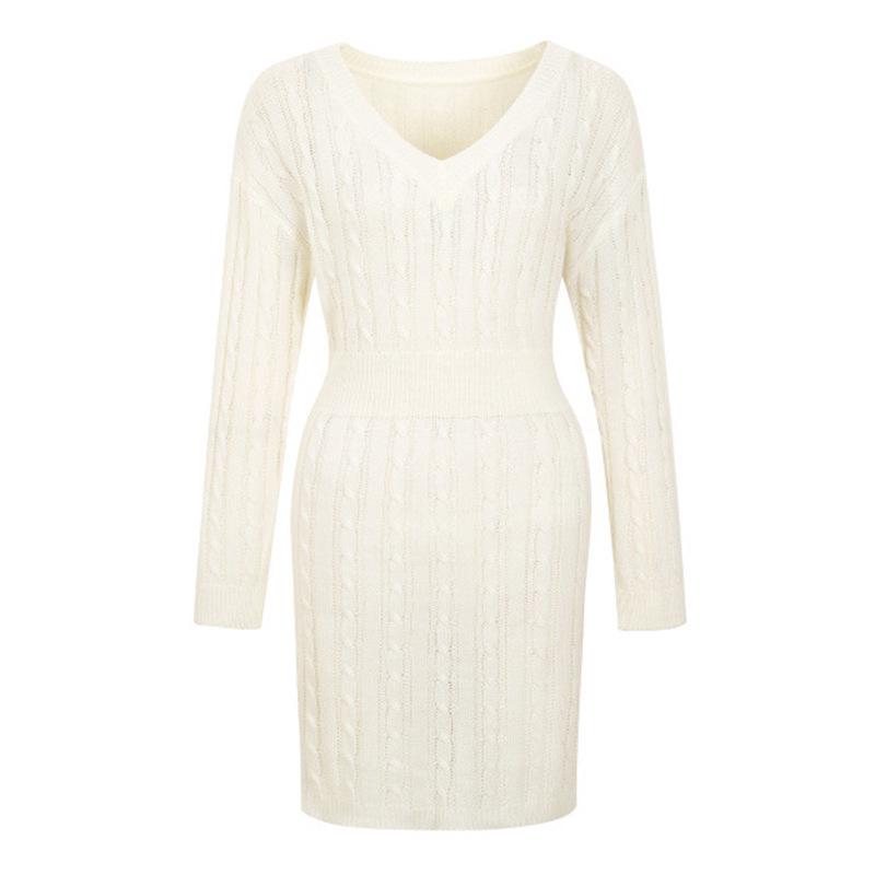 

European & American Plus Size Long Sleeve Knit Dress with Sexy Hollow V-Neck 4XL бежевий